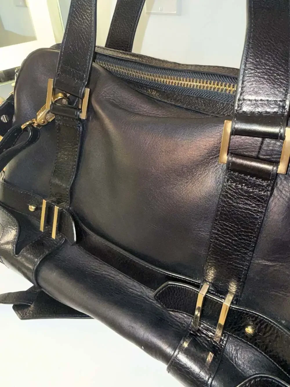 Nanette Lepore Black Leather and Leopard Print Satchel Tote Bag